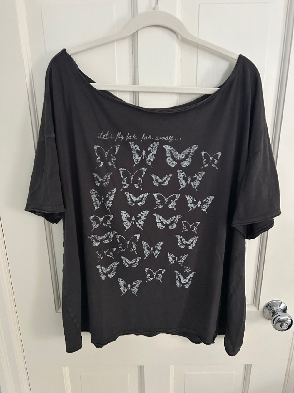 Aerie Off The Shoulder Oversized Boyfriend T-Shirt - gray butterfly print